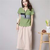 纯色通勤V领中腰套头大摆型短袖中长款贴布两件套2021年夏季，女装套装/套裙，丽影随形
