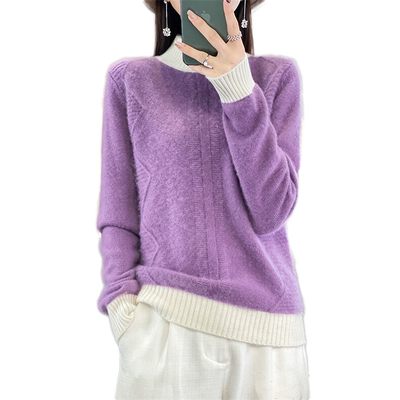秋冬新款拼色100%羊毛衫女半高领菱形扭花羊绒衫宽松针织打底上衣,女装羊毛衫,邓利维