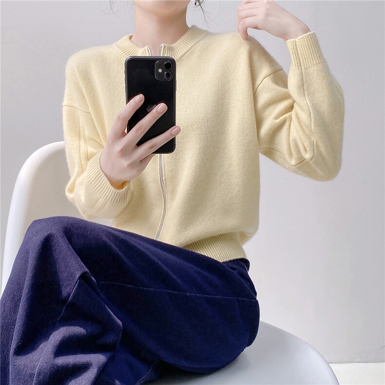 HE|轻奢简约系baby山羊绒针织开衫女圆领双拉链毛衣宽松外套,针织衫/毛衣,织纯羊绒