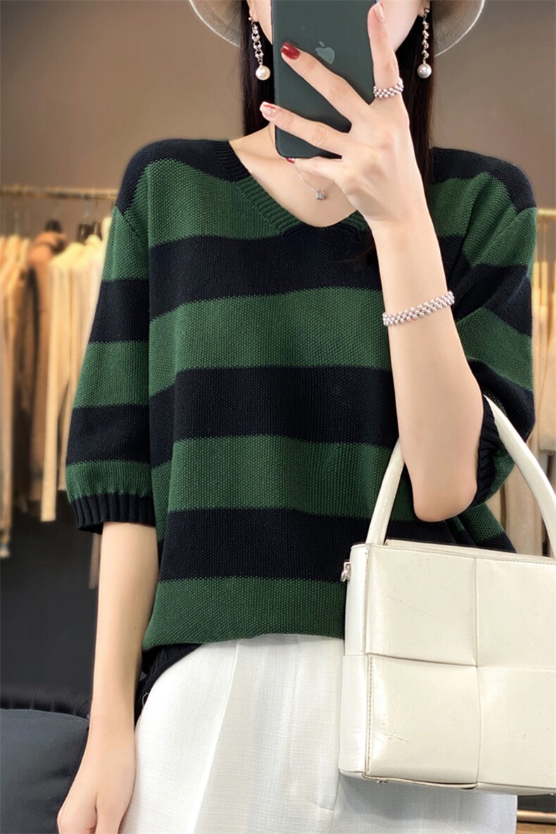 女士秋冬打底短袖针织衫V领纯棉套头条纹简约,针织衫/毛衣,品高羊绒