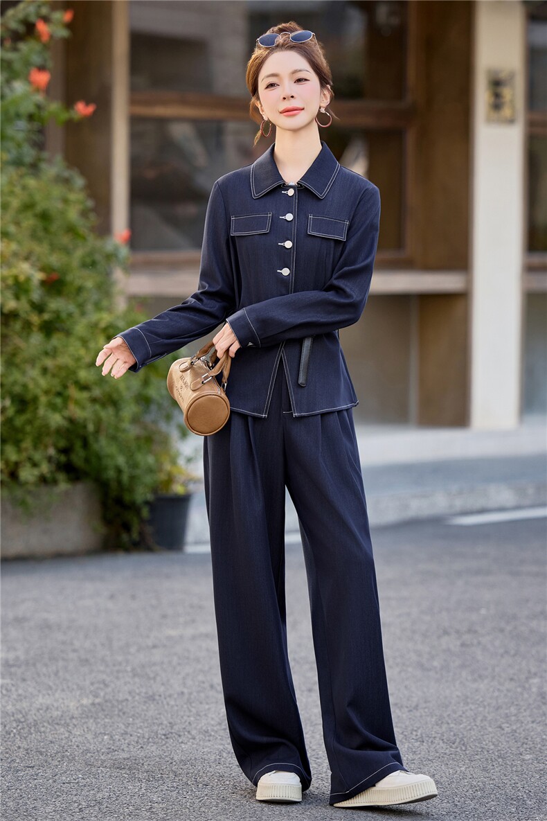 （新款现货）2026春装时尚收腰显瘦天丝牛仔阔腿腰带套装两件套,女装套装/套裙,印象茜
