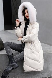 2020年冬季新款口袋撞色连帽大毛领中长款羽绒服图片