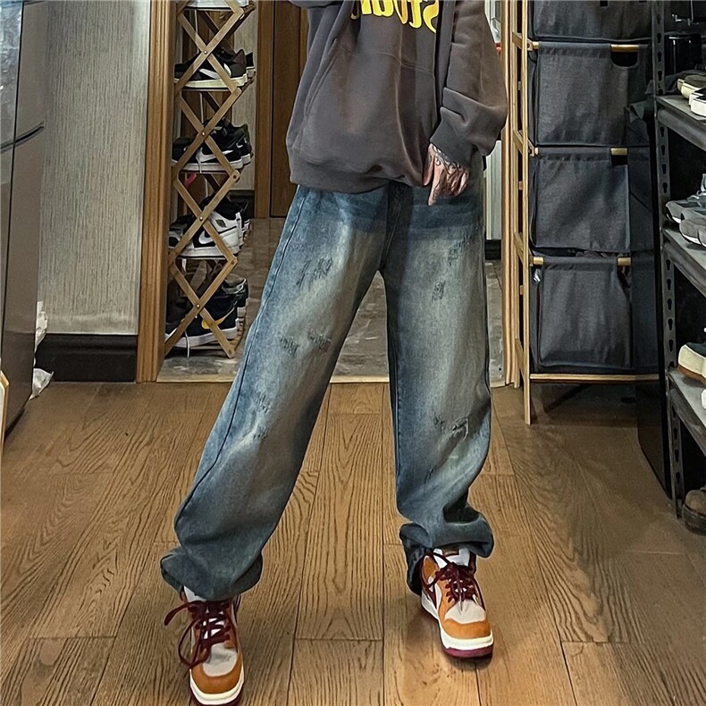 美式高街复古水洗做旧直筒破洞牛仔裤男休闲宽松百搭长裤NK81-P45,男装牛仔裤,星座1008