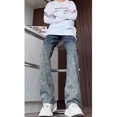 美式高街黑色渐变满印提花牛仔裤男款cleanfit裤子直筒修身微喇裤，男装牛仔裤，四季星座505
