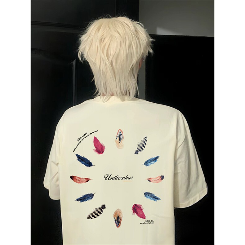 抖音得物供货210克现货宽松纯棉美式潮牌印花落肩袖纯棉T恤AT2118图片