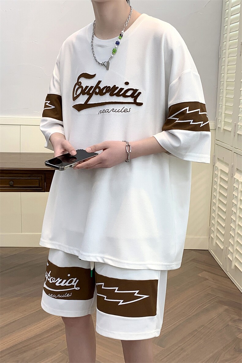 夏上新青少年牙刷绣时尚半袖套装拼接短裤T恤男女6633-P60控价88,男装T恤,电商A441-1