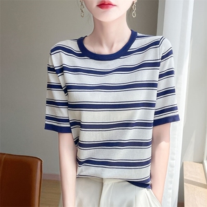 2025夏季舒适时尚百搭条纹冰丝针织短袖女圆领宽松显瘦上衣女t恤图片