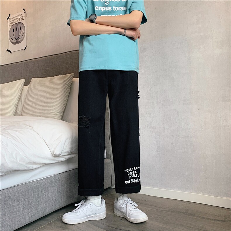xz116-k705-P48-控68M-5XL现货浅色阔腿破洞大码牛仔裤,男装牛仔裤,星座116