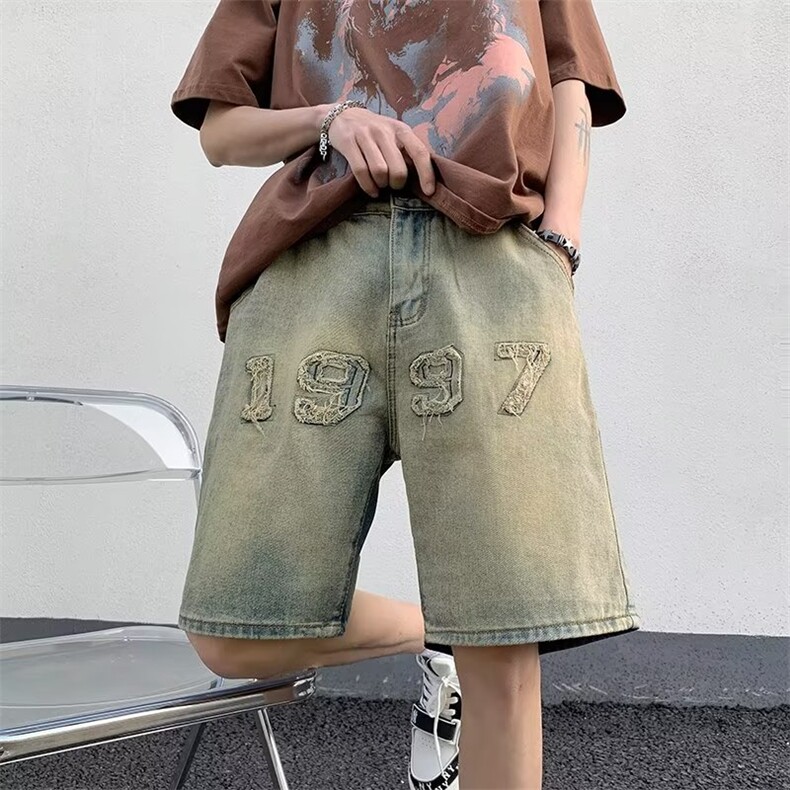 水洗牛仔裤男设计感短裤D6665P35图片