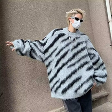 斑马纹毛衣男冬季加厚水貂绒针织衫秋冬款美式日系复古慵懒风外套，男装针织衫/毛衣，星座410-7
