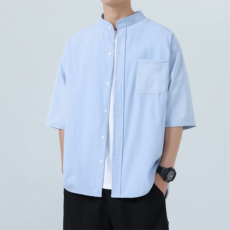 夏装立领短袖衬衫男纯色冰丝垂感大码衬衣CS604P28，男装T恤，电商C323