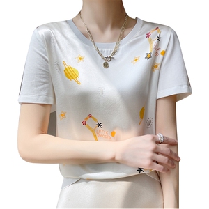 重磅真丝t恤女短袖印花桑蚕丝白色圆领小衫2024夏装半袖短款上衣图片