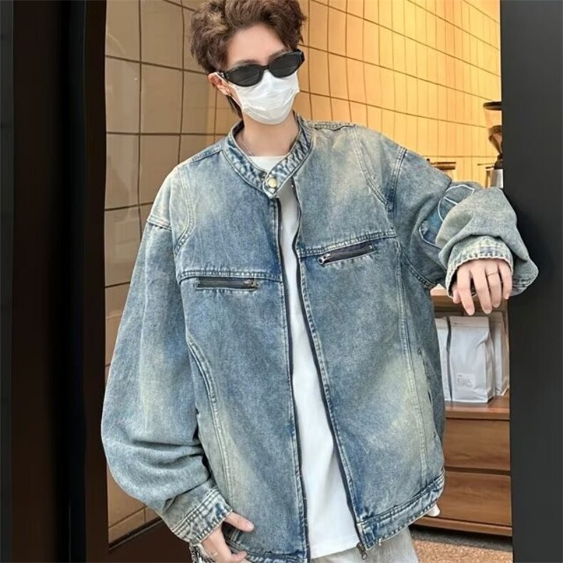 美式复古cleanfit牛仔外套男春秋季宽松立领夹克做旧潮牌工装衣服图片