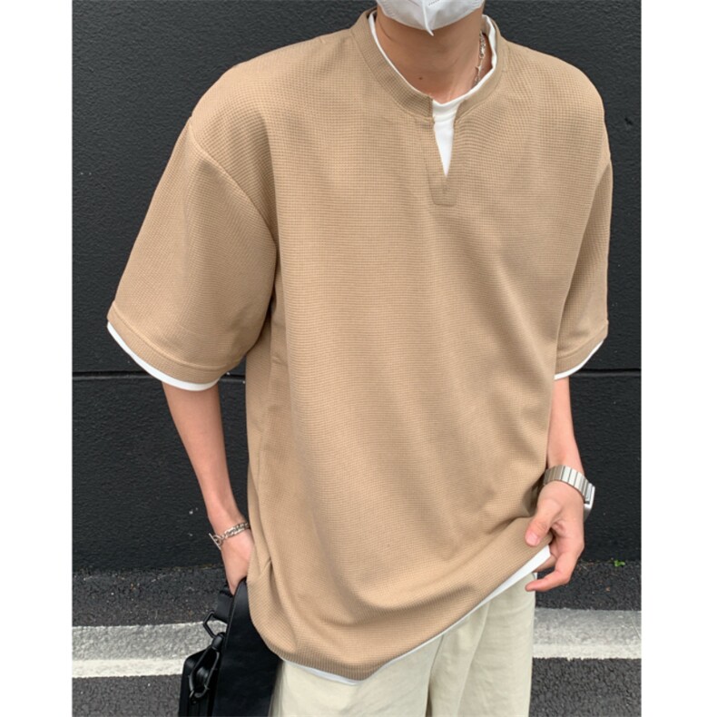 2026夏大码假两件华夫格五分短袖T恤潮流宽松T6601/特P25卡其2,男装T恤,电商A094