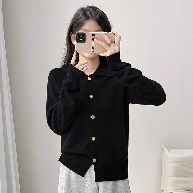 秋冬羊毛简约休闲小翻领开衫毛衣女宽松显瘦百搭针织衫，女装羊毛衫，米莲尼羊绒
