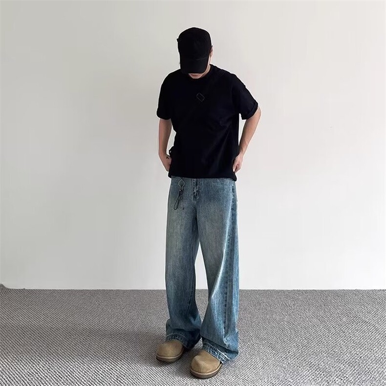 男士春秋新款美式复古牛仔裤宽松直筒高街潮牌阔腿裤LN00633-P45,男装牛仔裤,星座1008