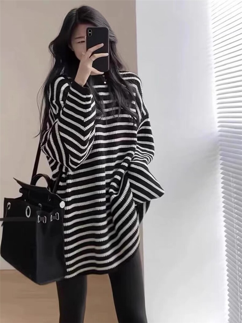 时尚百搭条纹宽松羊毛衫女秋冬季新款简约气质长袖针织毛衣外套,女装羊毛衫,思途羊绒