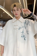 新中式中国风刺绣短袖衬衫男装高级感唐装道袍白色冰丝衬衣外套夏，男装衬衫，电商A022