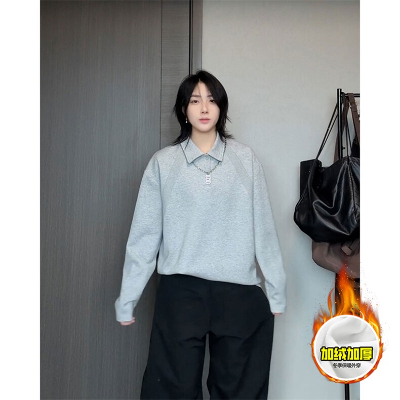 抖音得物高品质美式高街重磅曼巴棉结构螺纹拼接翻领卫衣长袖T恤,男装T恤,电商A486-1