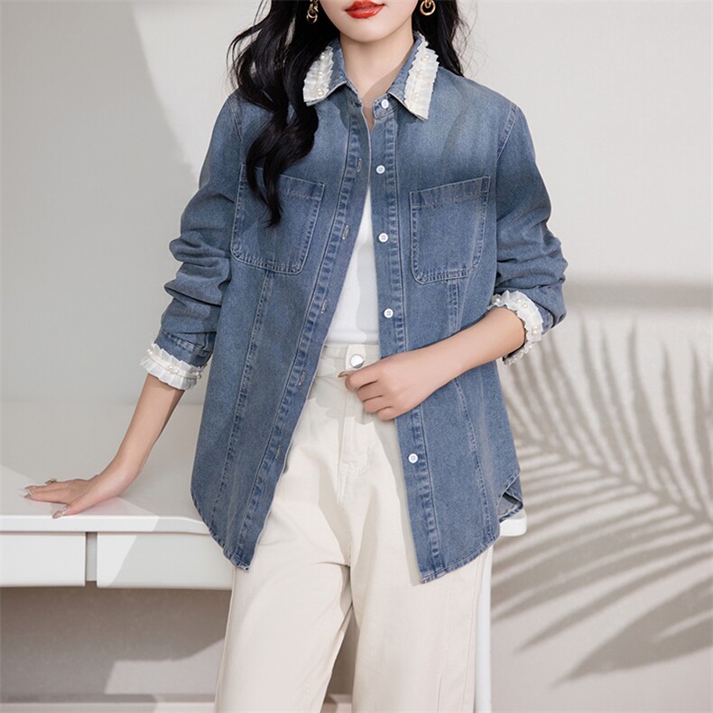春季新款牛仔衬衫女长袖宽松显瘦钉珠装饰时尚百搭外套,女装短外套,3200格调