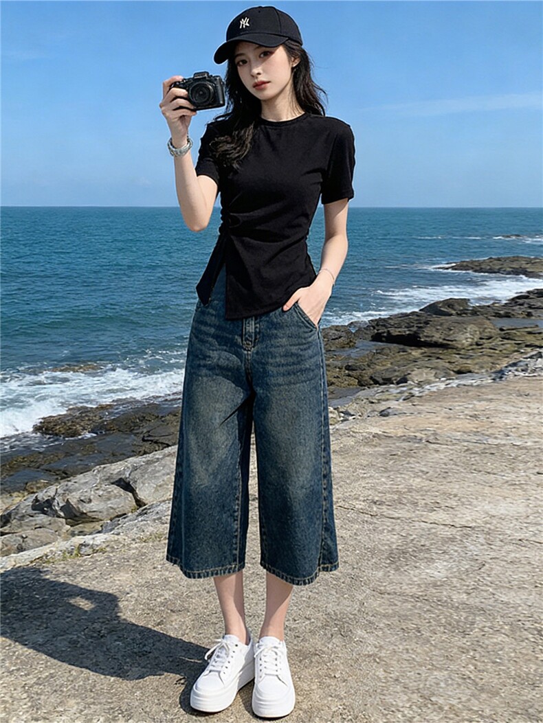 时尚简约套装女夏季新款收腰显瘦圆领开叉短袖阔腿牛仔中裤两件套,女装套装/套裙,江南