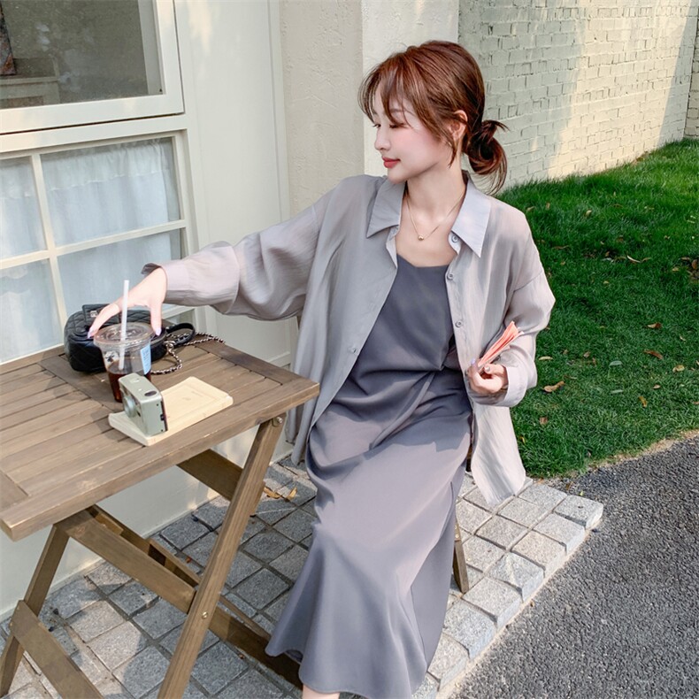 慵懒风灰色衬衫吊带裙套装女夏防晒两件套高级感223-1359P145K198，女装套装/套裙，莘蕾