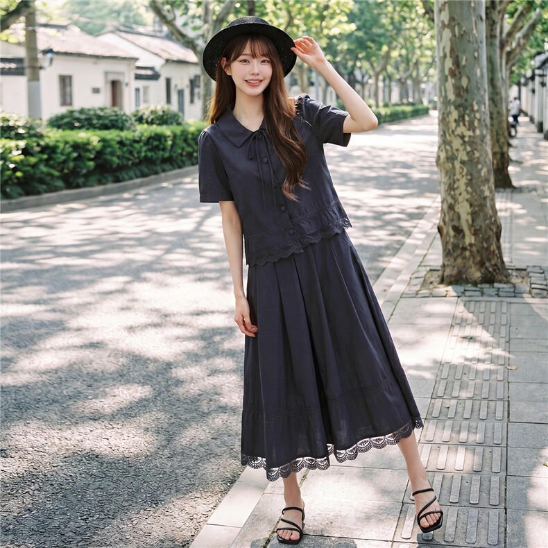蕾丝拼接娃娃领系带上衣松紧腰半裙学院风套装女,女装套装/套裙,水衣源