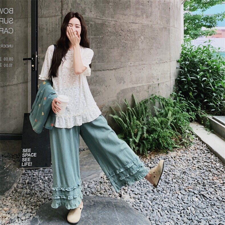 森系甜美蕾丝短袖T恤木耳边阔腿裤两件套女2025夏季新款休闲气质,女装套装/套裙,浙宝217
