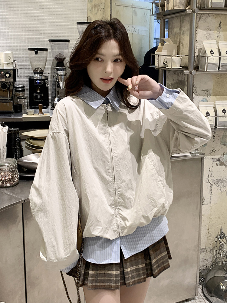 假两件条纹翻领拼接白色外套女春季2025新款韩版百搭工装夹克上衣,女装短外套,辉之琳