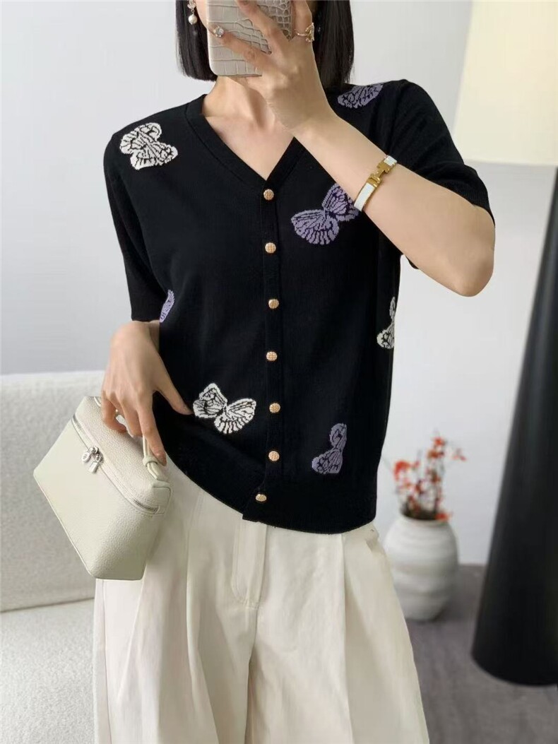 天丝莱赛尔蝴蝶提花V领短袖,女装T恤,晨旭羊绒