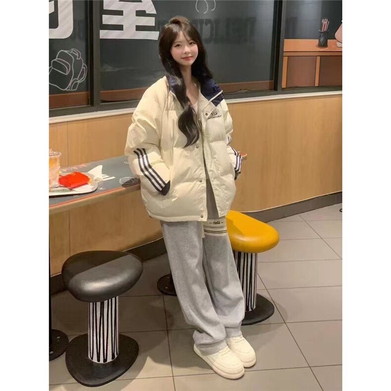 高级感拼接三杠立领棉服女冬季新款条纹宽松百搭学生棒球服外套女,男装棉衣,星座506A