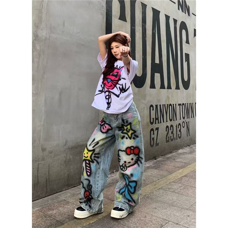 大码美式复古涂鸦印花牛仔裤女2025新款辣妹宽松显瘦直筒阔腿长裤,男装牛仔裤,星座506A