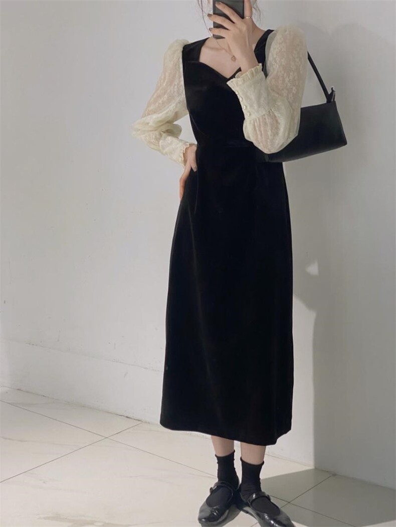 丝绒拼接袖连衣裙，女装连衣裙，驿谷