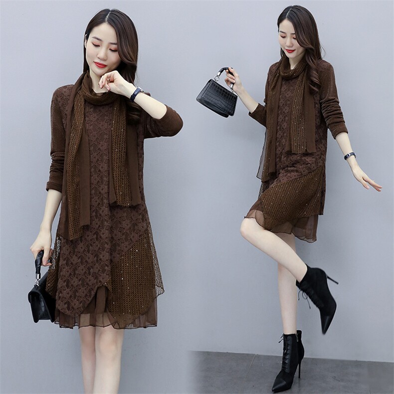 2020冬季新款蕾丝拼接网纱袖中长款加绒宽松打底连衣裙（配围巾)，女装连衣裙，安之芮娜