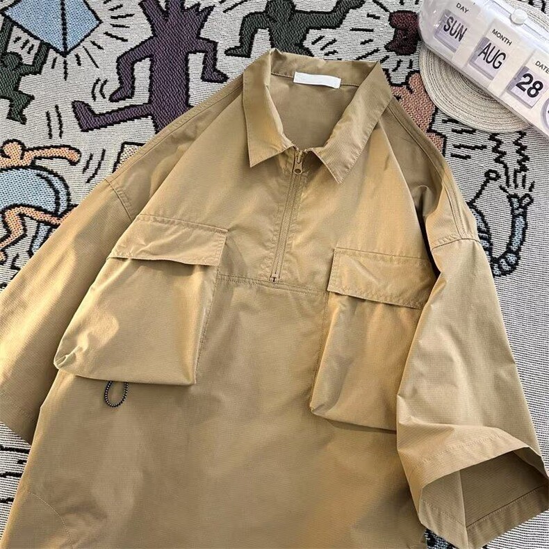 夏日系简约休闲男生短袖衬衫套装半拉链多口袋工装短裤TT012-P40,男装牛仔裤,星座911-3