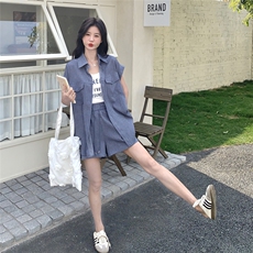 时尚休闲显瘦短袖衬衫套装女2025夏韩系小个子气质减龄短裤两件套，女装套装/套裙，2C166