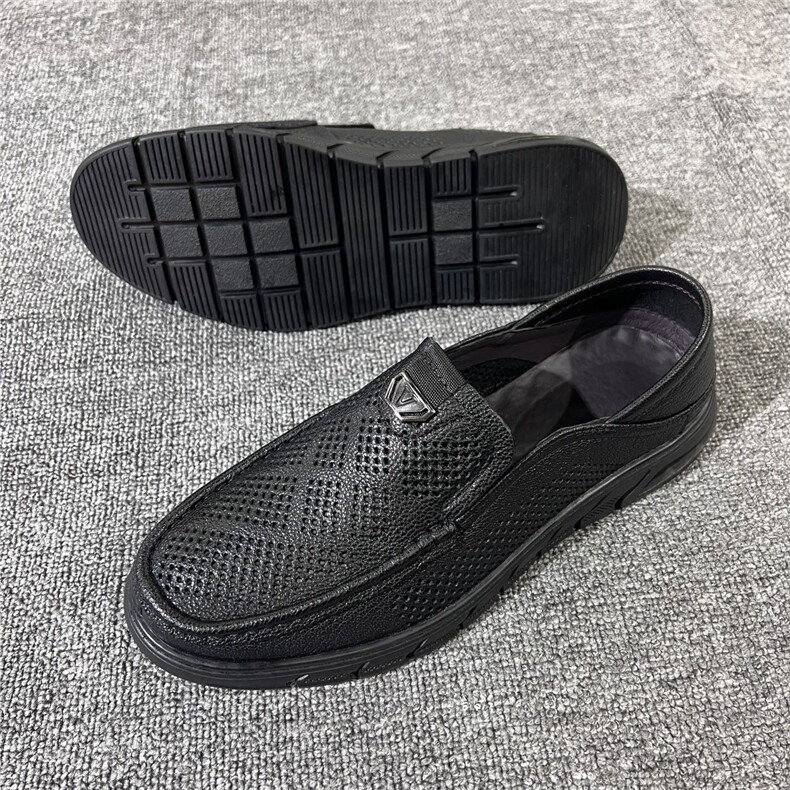 镂空皮鞋男士夏季透气防臭真皮软底休闲舒适一脚蹬男鞋打孔皮凉鞋，男鞋凉鞋，黄金折扣鞋