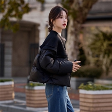 黑色短款休闲拼接羽绒服女2026冬季新款圆领休闲百搭上衣，女装羽绒服，梦懿尔