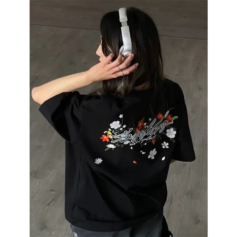 网图有货 夏季手写花卉刺绣短袖T恤男女情侣设计感上衣 A481-P35图片