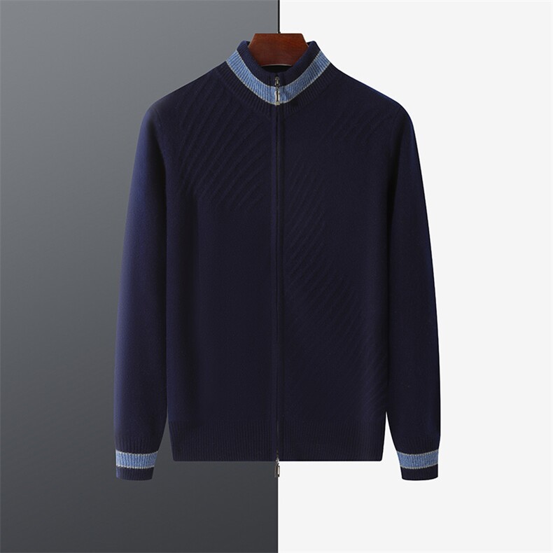 男士秋冬新款百搭七针拼色拉链立领羊毛开衫，男装羊毛衫，江杉羊绒