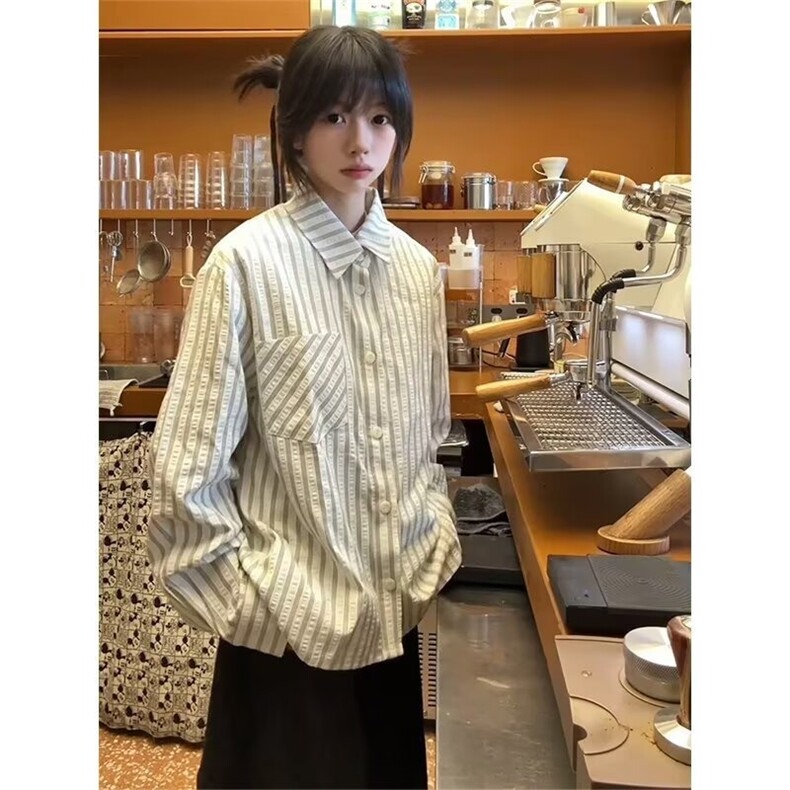 FFY2162-P48美式长袖条纹衬衫男潮牌宽松休闲学院衬衣外套，男装衬衫，电商B323A