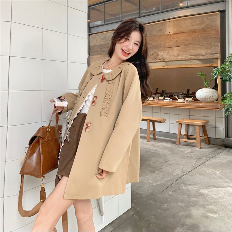 卡其色娃娃领风衣外套女2025秋季新款设计感小众减龄宽松休闲上衣,女装短外套,2C230