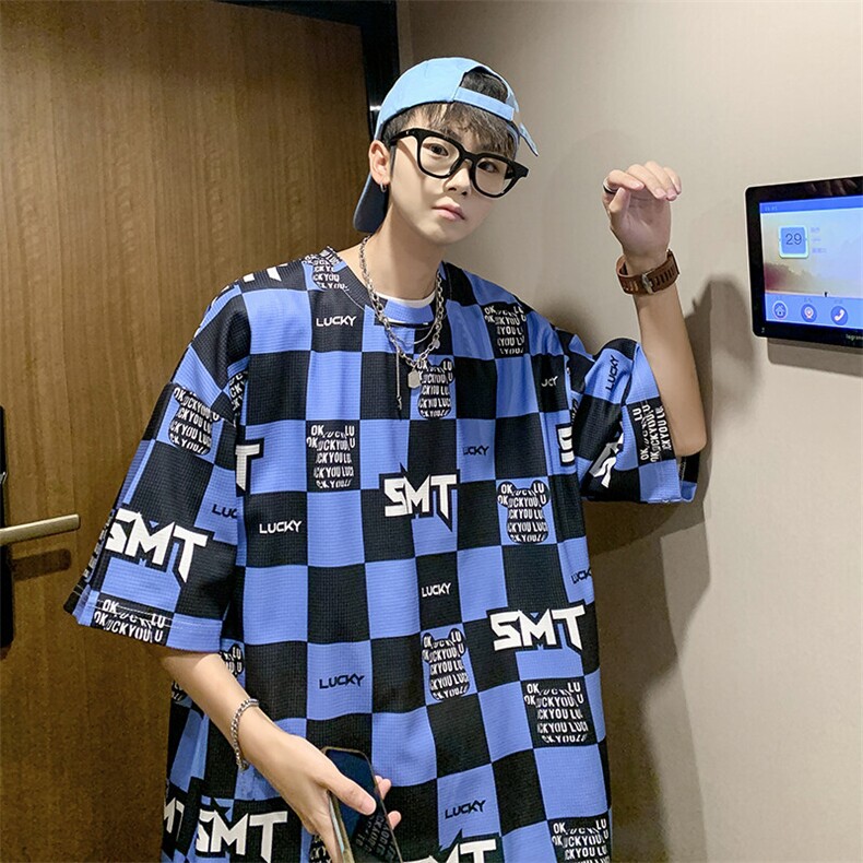 华夫格印花松休闲短袖T恤港风五分半截袖XFT221-P30控48,男装T恤,电商B370
