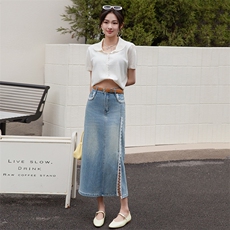 高腰蕾丝花边开叉牛仔半身裙女2025春季新款百搭设计感显瘦直筒裙，女装半身裙，跑量工厂店