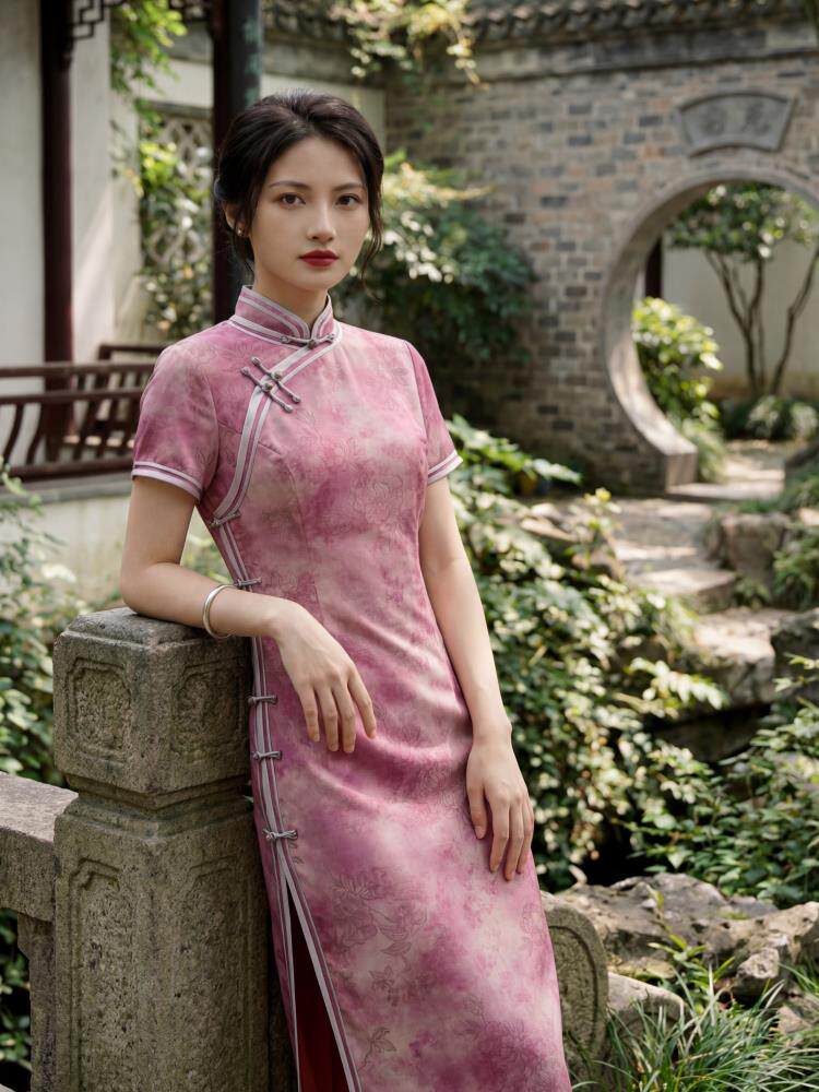 夏季新品时尚气质金丝提花弹力香云纱品质真丝喜庆中长款旗袍裙,女装汉服/婚纱/旗袍/礼服,媚琳依坊