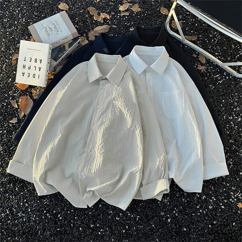 新款纯色港风长袖大码肌理感翻领舒适衬衫外套男C5461-特P38控75，男装衬衫，电商A001-1