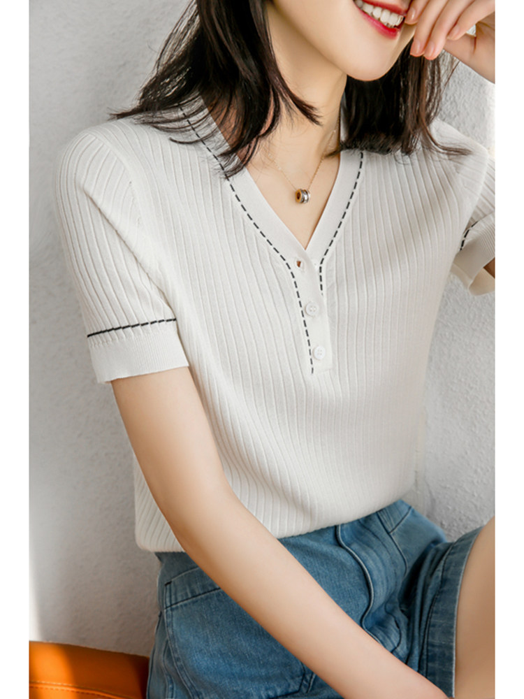 小香风长袖针织打底衫女V领套头修身拼色打底毛衣短款内搭羊毛衫,针织衫/毛衣,狄美羊绒
