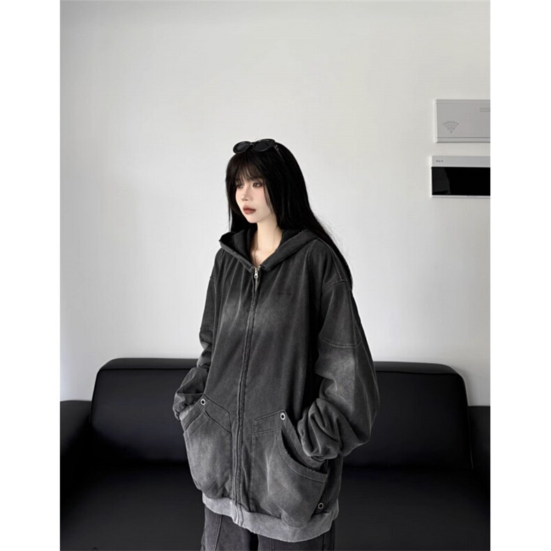 美式复古水洗做旧连帽拉链卫衣男女2025秋季新款宽松百搭外套上衣,女装短外套,星座506A