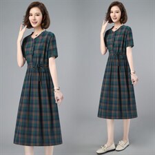 2021夏季新款时尚气质V领格纹修身中长款连衣裙，女装连衣裙，简韵佳