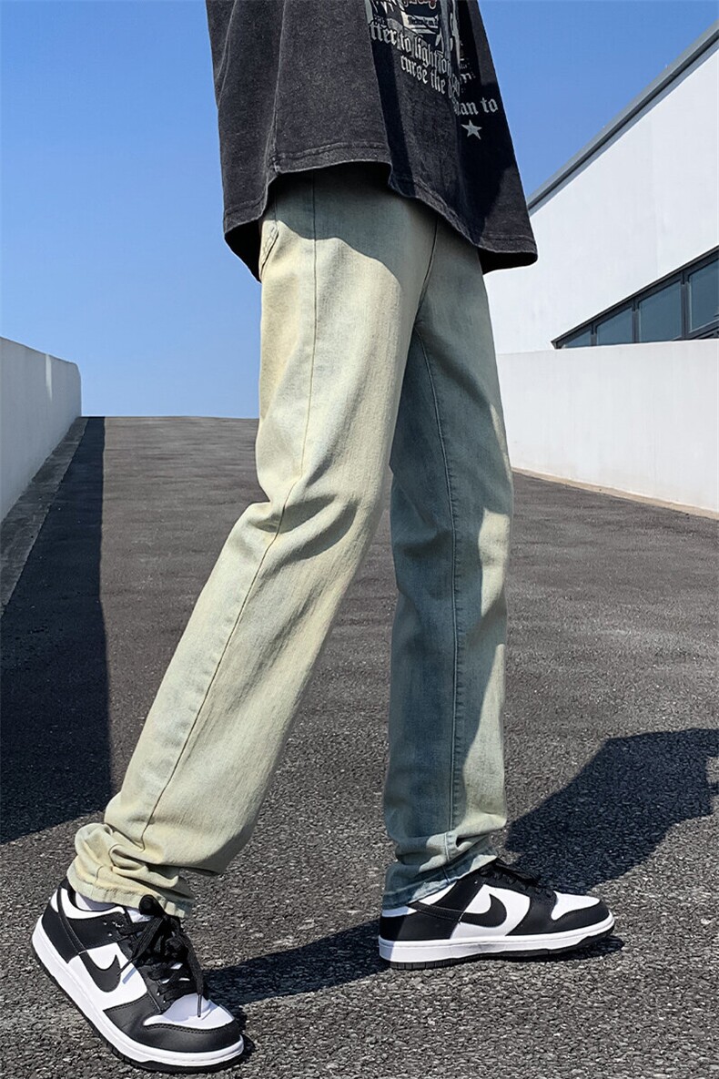 美式牛仔裤男款春季水洗做旧黄泥染长裤高街宽松直筒裤子YZ87-P50,男装牛仔裤,星座509